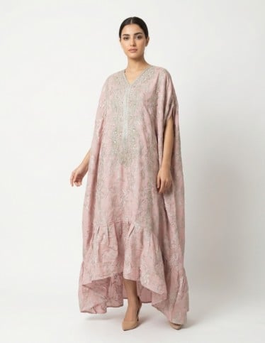 Elegant Pastel Pink Kaftan with Silver Embroidery and High-Low Hem