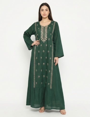 Royal Forest Green Linen-Style Jalabiya with Gold Embroidery