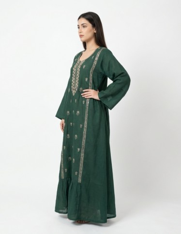 Royal Forest Green Linen-Style Jalabiya with Gold Embroidery