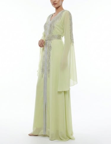 Royal Lime Moroccan Kaftan with Intricate Silver Embroidery