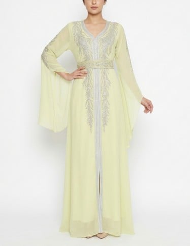 Royal Lime Moroccan Kaftan with Intricate Silver Embroidery
