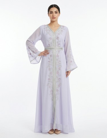 Royal Light Lilac Moroccan Kaftan with Silver Embroidery
