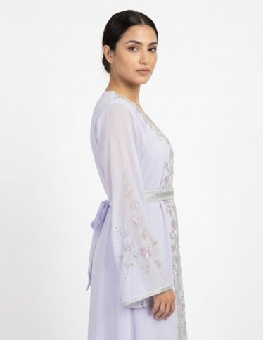 Royal Light Lilac Moroccan Kaftan with Silver Embroidery
