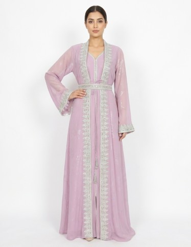 Lilac Embroidered Moroccan Caftan with Embellished Waist Belt