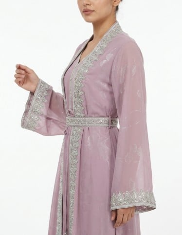 Lilac Embroidered Moroccan Caftan with Embellished Waist Belt
