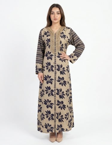 Women's Beige Jalabiya with Botanical Prints and Gold Embroidery