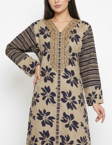 Women's Beige Jalabiya with Botanical Prints and Gold Embroidery