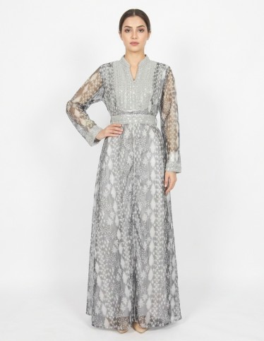 Grey Moroccan Jalabiya with Geometric Patterns and Luxury Silver Embroidery