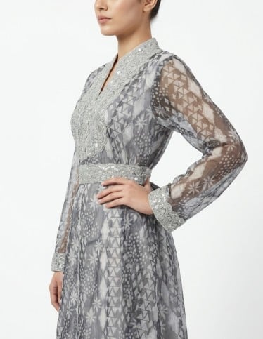 Grey Moroccan Jalabiya with Geometric Patterns and Luxury Silver Embroidery