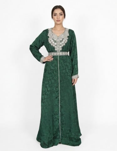 Royal Emerald Green Moroccan Kaftan with Silver Embroidery