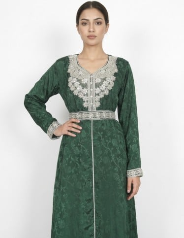 Royal Emerald Green Moroccan Kaftan with Silver Embroidery