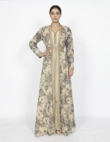 Elegant Floral Print Jalabiya with Intricate Embellishments