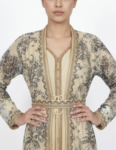 Elegant Floral Print Jalabiya with Intricate Embellishments