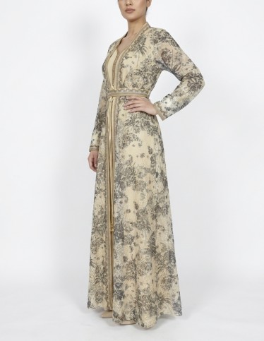 Elegant Floral Print Jalabiya with Intricate Embellishments
