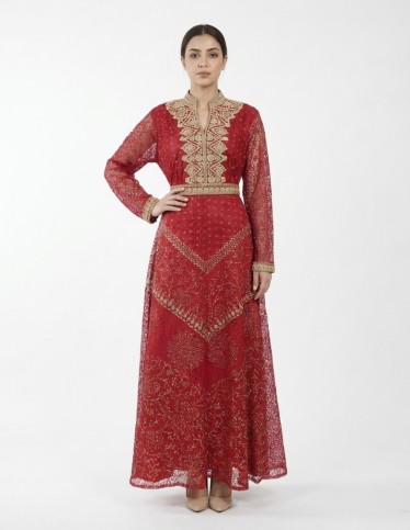 Royal Red Jalabiya with Gold & Pearl Embellishments