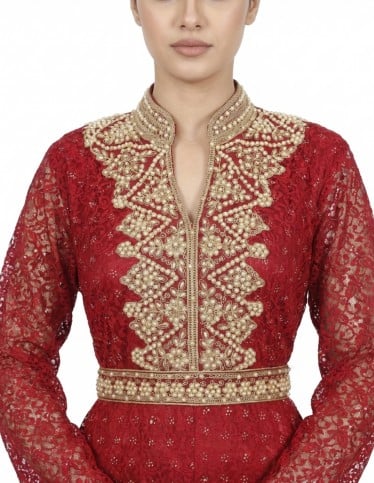 Royal Red Jalabiya with Gold & Pearl Embellishments