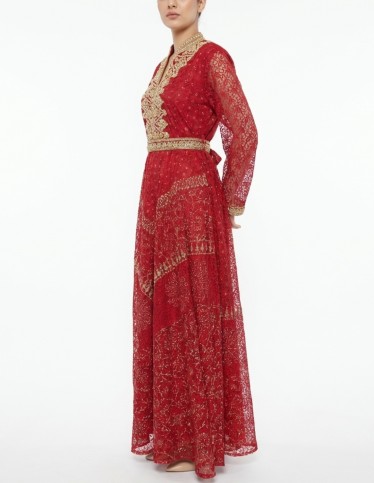 Royal Red Jalabiya with Gold & Pearl Embellishments