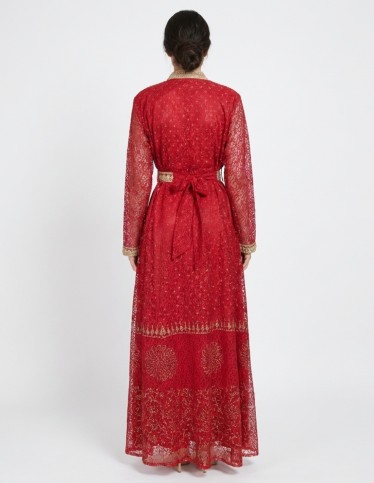 Royal Red Jalabiya with Gold & Pearl Embellishments