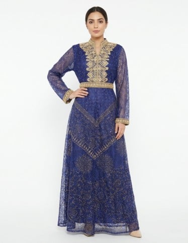 Royal Blue Jalabiya with Gold & Pearl Embellishments