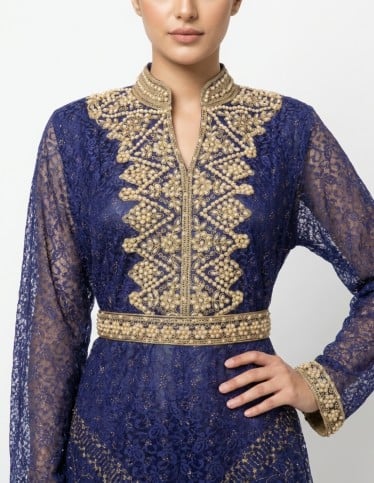 Royal Blue Jalabiya with Gold & Pearl Embellishments