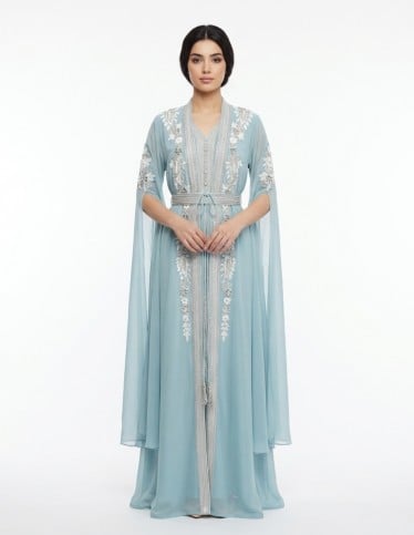 Elegant Aqua Blue Embroidered Kaftan Jalabiya
