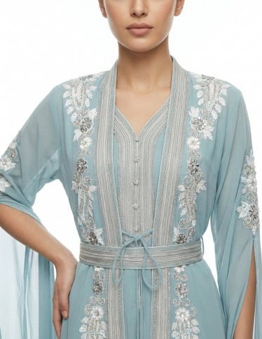 Elegant Aqua Blue Embroidered Kaftan Jalabiya