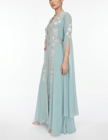 Elegant Aqua Blue Embroidered Kaftan Jalabiya