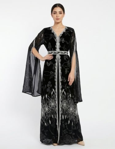 Black Jalabiya with Shimmering Silver Embroidery