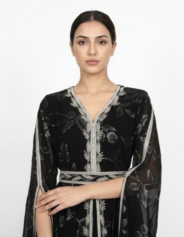 Black Jalabiya with Shimmering Silver Embroidery