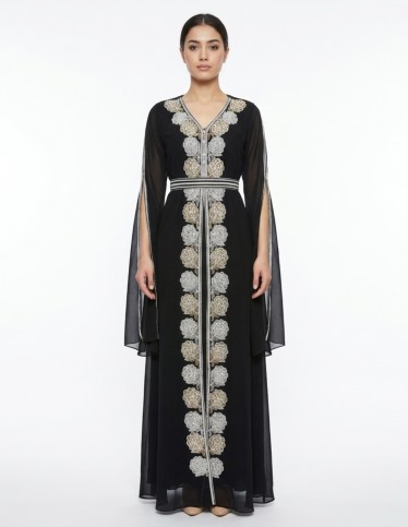 Black Jalabiya with White & Gold Embroidery