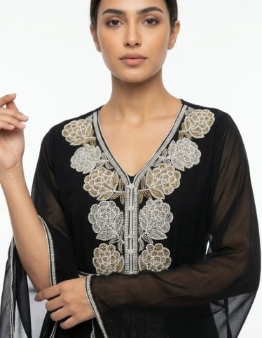 Black Jalabiya with White & Gold Embroidery