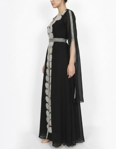 Black Jalabiya with White & Gold Embroidery