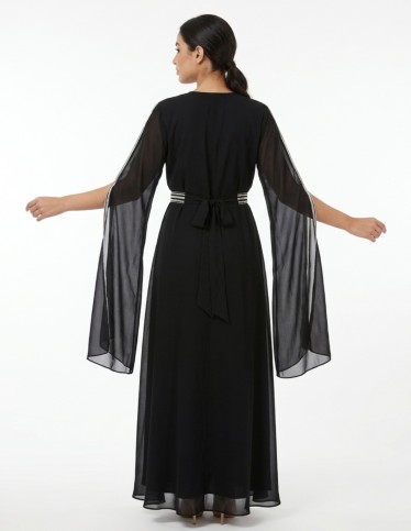 Black Jalabiya with White & Gold Embroidery