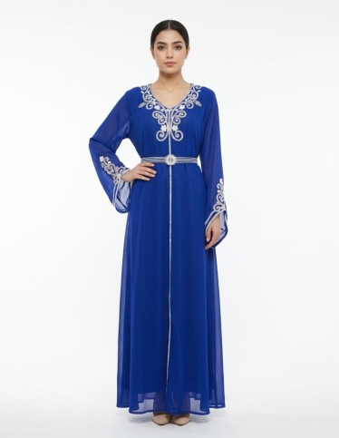 Royal Blue Jalabiya with Silver Floral Embellishments