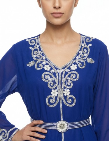 Royal Blue Jalabiya with Silver Floral Embellishments