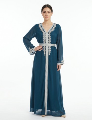 Elegant Teal Jalabiya with Silver Embellishments