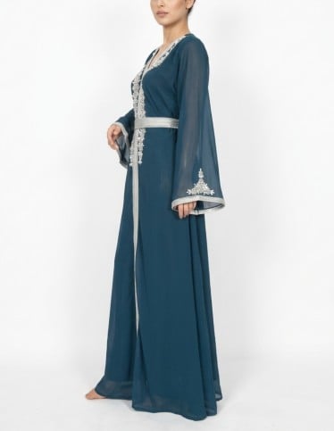 Elegant Teal Jalabiya with Silver Embellishments
