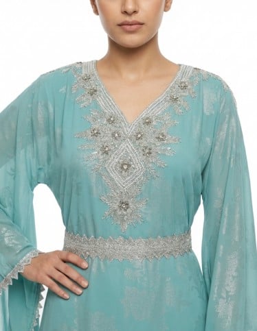 Aquamarine Embellished Jalabiya with Silver Accents