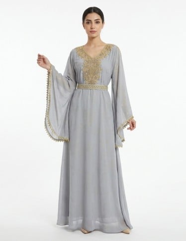 Grey Embellished Jalabiya with Gold Accents