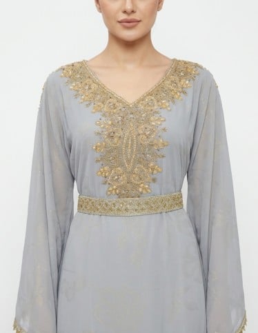 Grey Embellished Jalabiya with Gold Accents