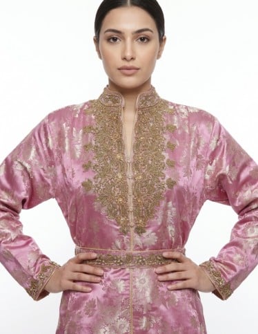 Pink Embellished Jalabiya with Gold Embroidery