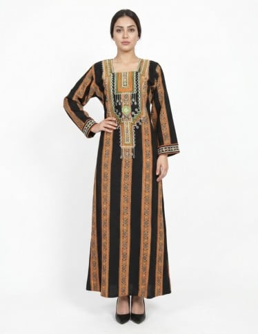 Striped Jalabiya with Colorful Geometric Embroidery