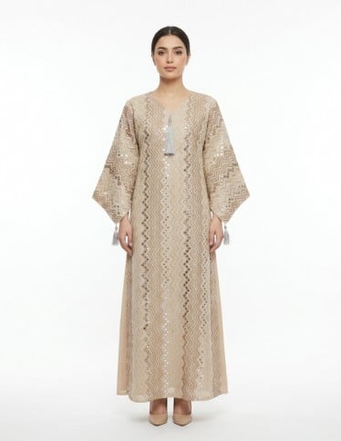 Shimmering Beige Jalabiya with Mirror Work