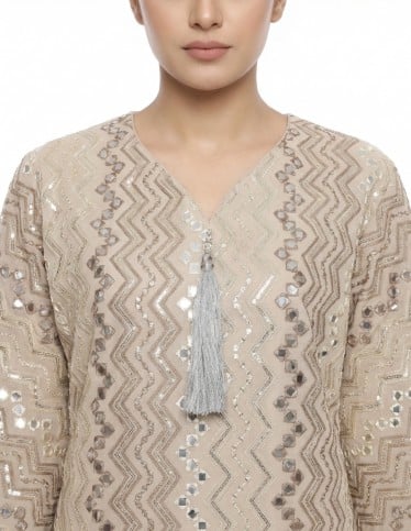 Shimmering Beige Jalabiya with Mirror Work