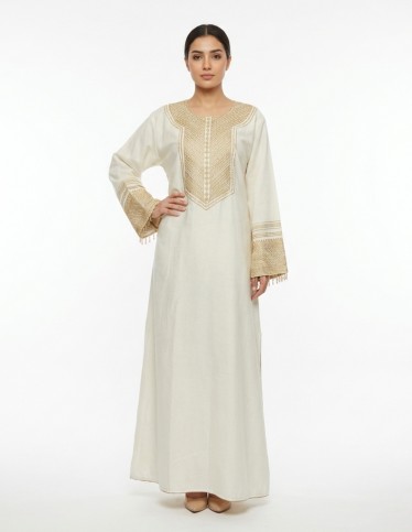Elegant Cream Jalabiya with Gold Embroidery