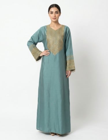 Teal Jalabiya with Royal Gold Embroidery