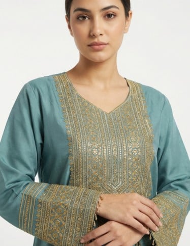 Teal Jalabiya with Royal Gold Embroidery