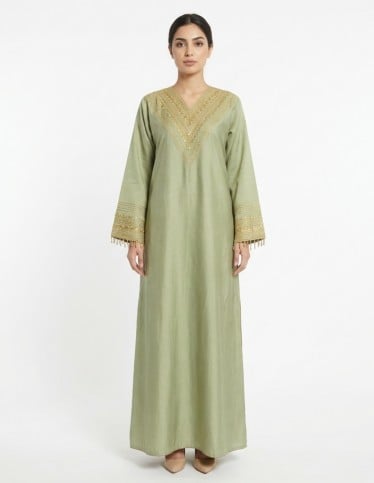 Light Sage Green Jalabiya with Luxurious Gold Embroidery