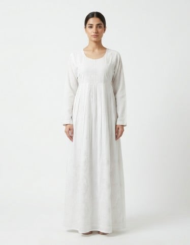 Pure White Jalabiya with Delicate Embroidery and Pleats