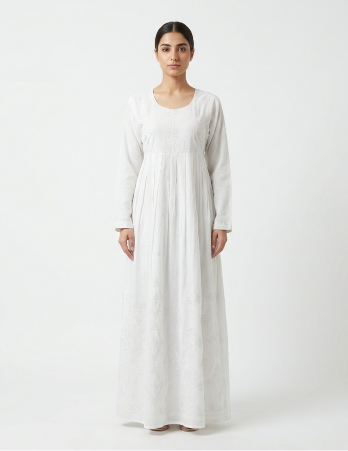 Pure White Jalabiya with Delicate Embroidery and Pleats